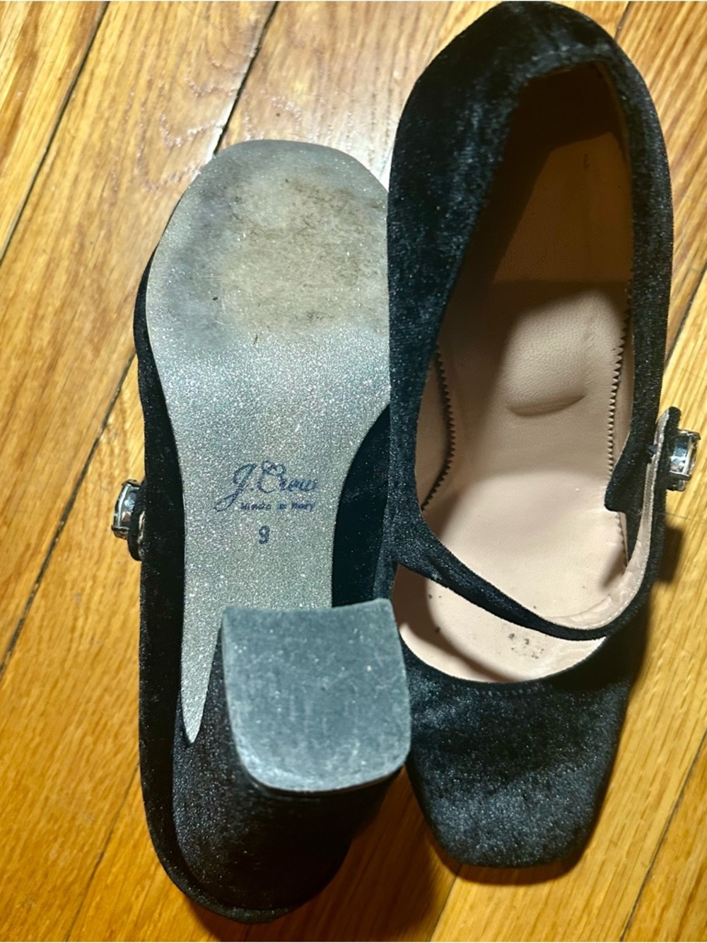 J.Crew Black Velvet Mary Jane Block Heels | Crystal Jewel Buckle | Made in Italy - Picture 6 of 6